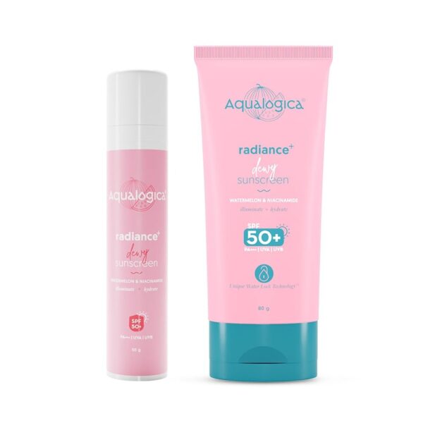 Aqualogica Radiance+ Dewy Sunscreen SPF 50+ PA+++ | Lightweight texture for oily, combination, acne prone skin | Broad spectrum protection | No white cast, Non greasy | For Men & Women | 50g + 80g - Fast Shipping to USA & Canada