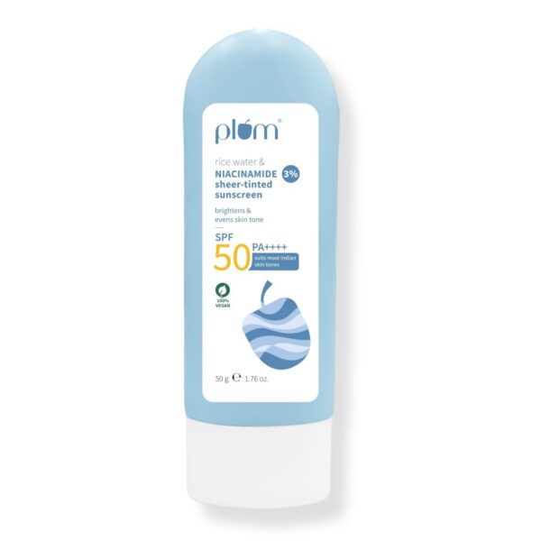 Plum Rice Water & 3% Niacinamide Sheer-Tinted Sunscreen SPF 50 PA++++ | Suitable for Most Indian Skin Tones | Sheer Coverage | Non-Oily | Women | Fragrance-free | 100% Vegan | 50gm - Fast Shipping to USA & Canada