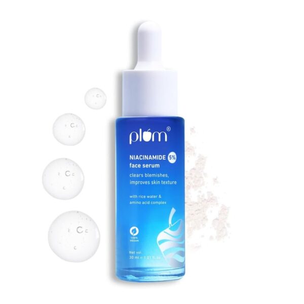 Plum 5% Niacinamide Face Serum for Clear & Bright Skin | with Rice Water | Provides Clear, Glowing & Brightening Skin | Lightweight & Beginner Friendly Serum for Women & Men | All Skin Types | 30ml - Fast Shipping to USA & Canada