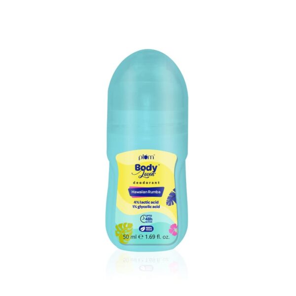 Plum BodyLovin' Hawaiian Rumba Deodorant Roll On | 4% Lactic Acid & 1% Glycolic Acid | Controls Odor & Fades Underarm Darkness | 48 Hr Freshness | Fresh Beachy Fragrance | Aluminium-Free (50 ml) - Fast Shipping to USA & Canada