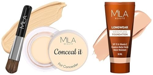 MILA Beaute Longwear Weightless Foundation | Liquid Foundation | Shade - (102 Ivory, 30ml) Conceal It Pot Concealer For Face Makeup | Shade - (Rich Vanilla, 4g) - Fast Shipping to USA & Canada