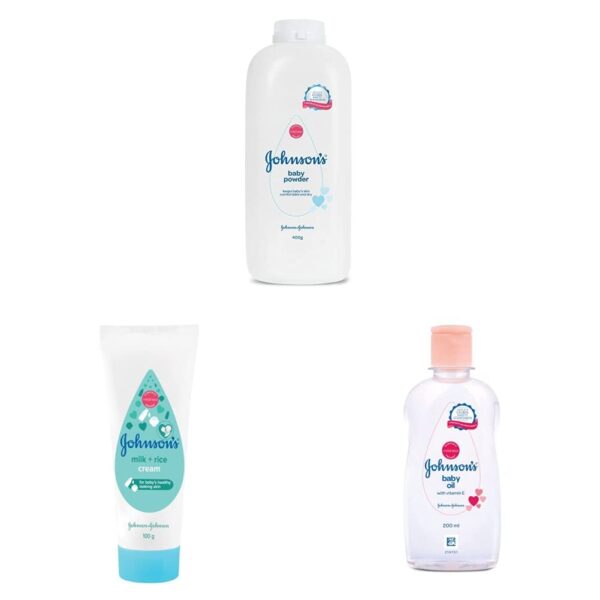 Johnson's Baby Powder (400g) & Johnson's Baby Milk and Rice Cream for Summer, 100g & Johnson's Baby Oil with Vitamin E, Non-Sticky for easy spread and massage, 200ml - Fast Shipping to USA & Canada
