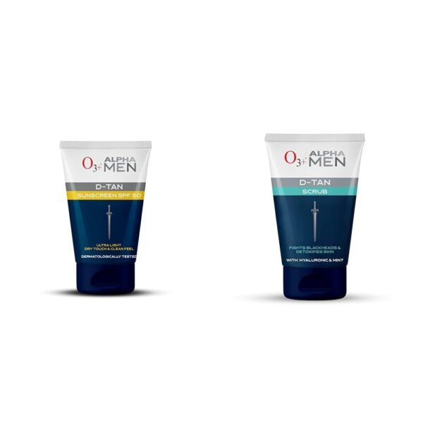 O3+ ALPHA MEN D-TAN Sunscreen SPF 50 50g & O3+ ALPHA MEN Acno D-TAN Scrub With Hyaluronic & Mint 50ml - Detan Scrub for TAN removal | Fights Blackheads & Detoxifies Skin - Fast Shipping to USA & Canada