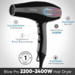 Vega Blow Pro 2200-2400W Hair Dryer with Comb, Concentrator & Diffuser Nozzles, 2 Speed & 4 Heat Settings, with Cool Shot, Cut-off, Hair Dryer & Blow Dryer for Men & Women, 1 Year Warranty (VHDP-05) - Fast Shipping to USA & Canada - Image 3
