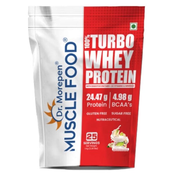 Dr. Morepen Muscle Food Turbo Whey Protein Powder Kesar Pista Kaju Flavor - 1kg | Ultimate Lean Muscle Building Formula, Increase Strength & Performance | 24.7g Protein 4.98g BCAA Gluten & Sugar Free