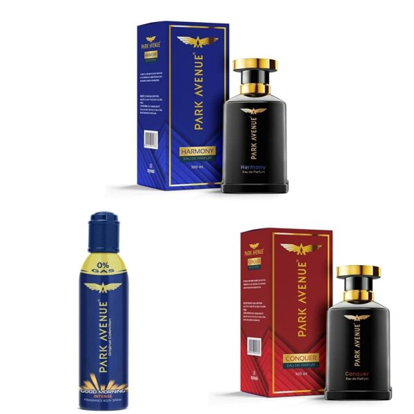 Park Avenue Eau De Perfume, Harmony, 100Ml & Good Morning Perfume Intense Men Body Spray, 108 Ml /130 Ml & Eau De Perfume, Conquer, 100Ml, 6 Ml - Fast Shipping to USA & Canada