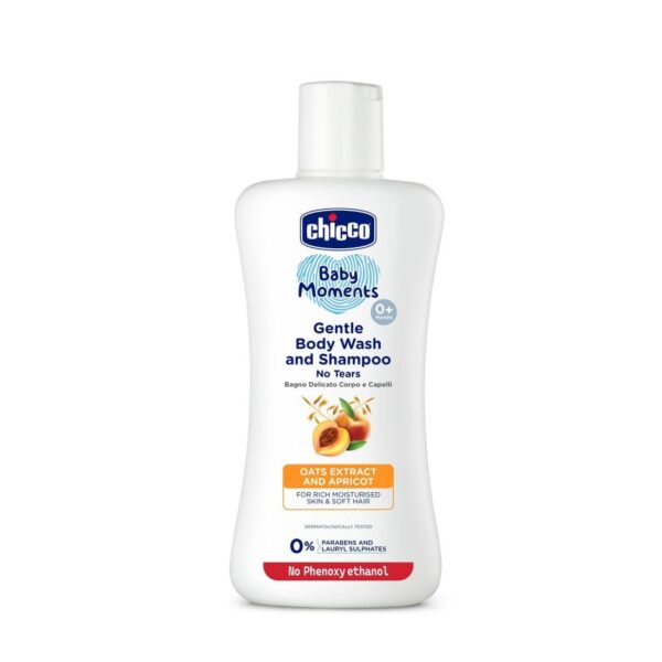 Chicco Baby Moments Gentle Bodywash & Shampoo with Oats Extracts & Apricot, 200ml |Head-to-Toe|No Tears Formula|Moisturized Skin & Hair|Dermatologically Tested | Parabens & Phenoxyethanol Free - Fast Shipping to USA & Canada