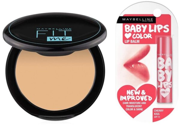 Maybelline New York Matte Compact Powder For All Skin Types, With Spf To Protect Skin From Sun, Absorbs Oil, Fit Me, 128 Warm Nude, 8G & New York Baby Lips Lip Balm, Cherry Kiss, 4 Gram,Beige - Fast Shipping to USA & Canada