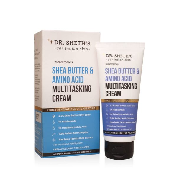 Dr. Sheth's 4.4% Shea Butter & 0.5% Amino Acid Multitasking Face Cream (Vegan) with 1% Niacinamide, 1% Octadecenoic Acid and Narcissus Extract, for Dryness, Damaged Skin, For All Skin Types, 50g - Fast Shipping to USA