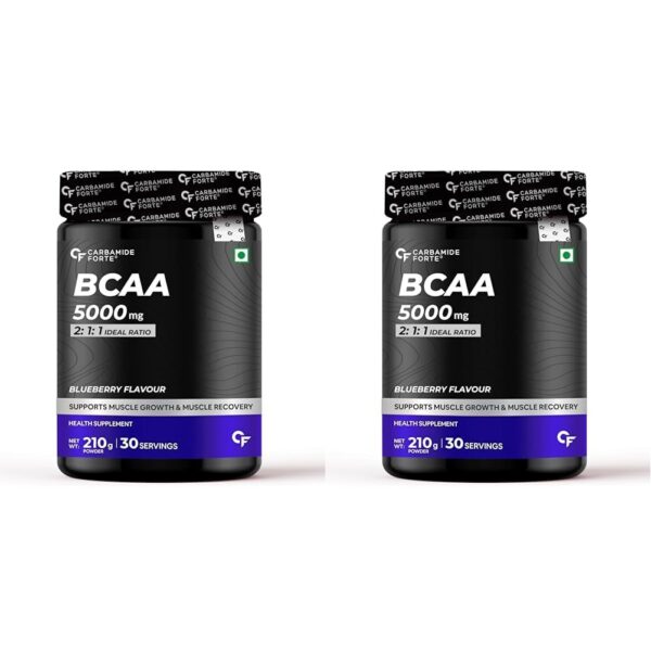 Carbamide Forte BCAA 5000mg Supplement for Men & Women 7g Serving with Ideal 2:1:1 Ratio | BCAA Powder for Muscle Growth & Muscle Recovery - Blueberry Flavour - 210g (Pack of 2) - Fast Shipping to USA