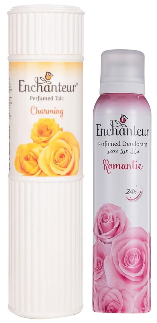 Enchanteur Romantic Perfumed Deo Spray for Women, 150ml & Charming Perfumed Talc for Women, 250g with Roses, Muguets & Cedarwood Extracts