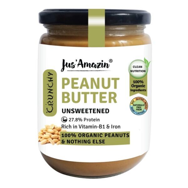Jus' Amazin Crunchy Peanut Butter - Unsweetened | 27.8% Protein | Single Ingredient - 100% Peanuts (no added Sugar/Salt) | Vegan | Dairy Free | Keto (Organic Peanut Butter Crunchy, 500 g (Pack of 1)) - Fast Shipping to USA & Canada