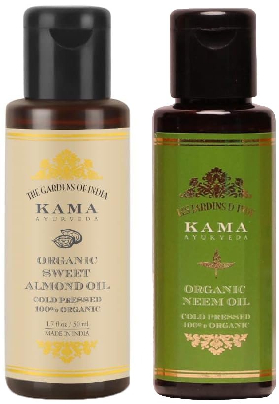 Kama Ayurveda Organic Sweet Almond Oil (50ml - In) & Kama Ayurveda Organic Neem Oil Combo - Fast Shipping to USA & Canada