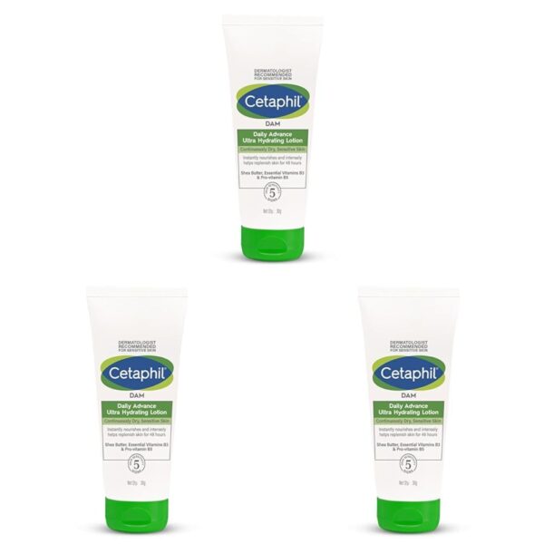 Cetaphil Dam Daily Advance Ultra Hydrating Lotion For Dry, Sensitive Skin| 30 G| Moisturizer With Shea Butter| Non-Greasy, Fragrance-Free| Paraben, Sulphate Free (Pack of 3) - Fast Shipping to USA & Canada