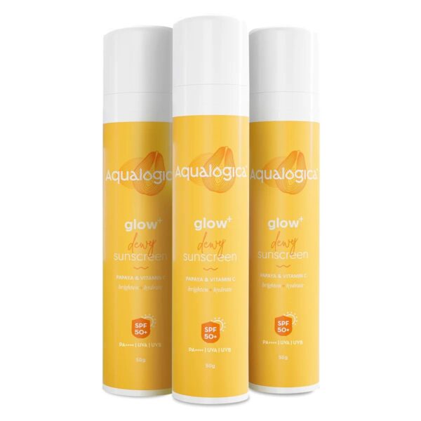 Aqualogica Glow+ Dewy Sunscreen SPF 50 PA++++ with Papaya & Vitamin C | For Oily, Combination & Dry Skin Type | UVA/B & Blue Light Protection | Fragrance-Free | For Men & Women | 50g x 3 - Fast Shipping to USA & Canada