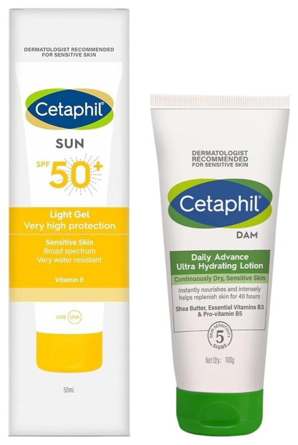 Cetaphil Combination Skin Sun SPF 50 Sunscreen - Very High Protection, Light Gel, Water Resistant, Vitamin E, 50 ml (Pack of 1) & Daily Advance Ultra Hydrating Lotion for Dry Skin - Long-Lasting Moisturizer for Face & Body, 100 g. - Fast Shipping to USA & Canada