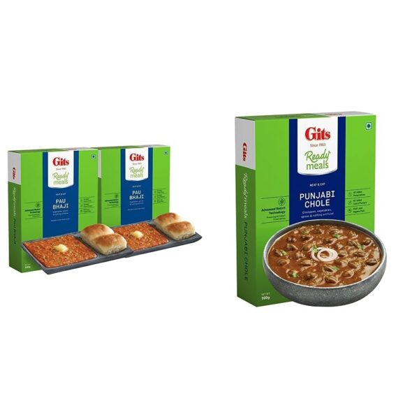 Gits Ready to Eat Pav Bhaji, Pure Veg, Heat and Eat, Microwaveable, 600g (Pack of 2, 300g Each) & Gits Ready to Eat Punjabi Chhole, 300g - Fast Shipping to USA & Canada