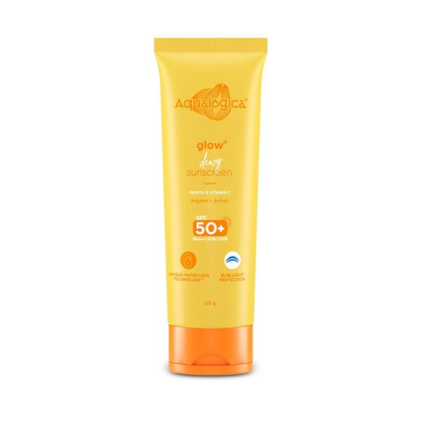 Aqualogica Glow+ Dewy Sunscreen SPF 50 PA++++ with Papaya & Vitamin C | For Dry, Sensitive, Oily & Combination Skin | UVA/B & Blue Light Protection | Fragrance-Free | For Men & Women | 125g