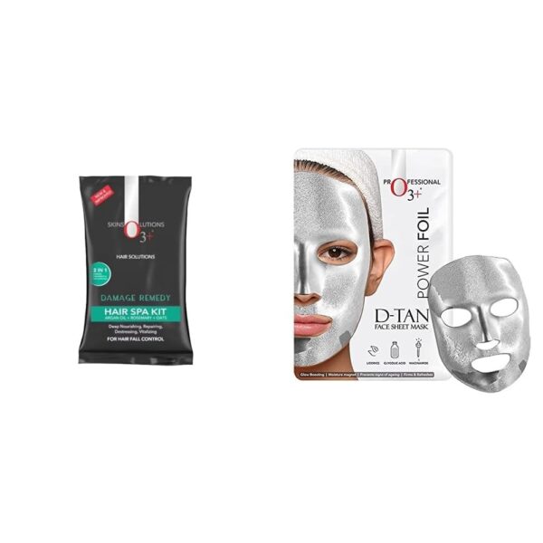 O3+ Hair Spa Kit Infused with Argan Oil & O3+ Power Foil D-Tan Face sheet mask for Skin Brightening Face Mask For Glowing Skin Combo - Fast Shipping to USA & Canada