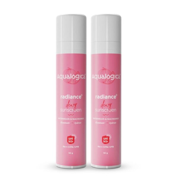 Aqualogica Radiance+ Dewy Sunscreen SPF 50+ PA+++ | Lightweight texture for oily, combination, acne prone skin | Broad spectrum protection | No white cast, Non greasy | For Men & Women | 50g x 2 - Fast Shipping to USA & Canada