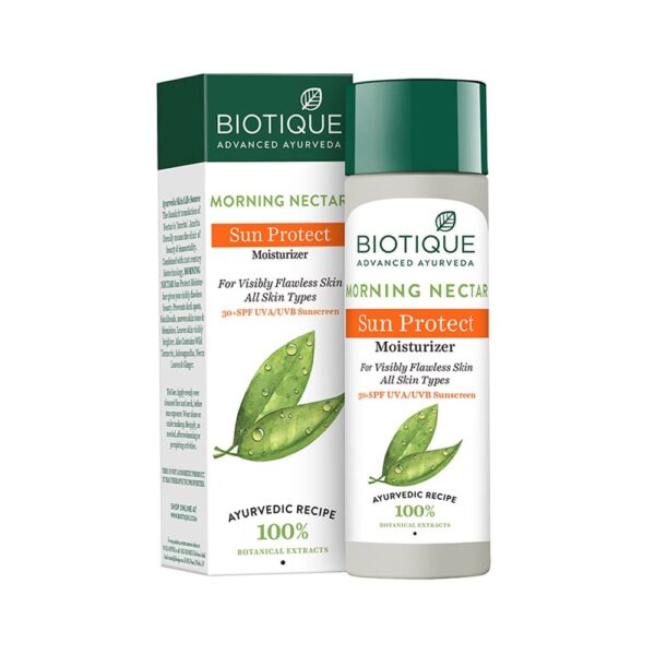 Biotique Morning Nectar Sun Protect Moisturizer SPF 30 UVA/UVB Sunscreen| Contains Wild Turmeric, Neem Leaves, & Morning Nectar | Visibly Flawless Skin | Suitable for All Skin Types | 120 ml - Fast Shipping to USA & Canada