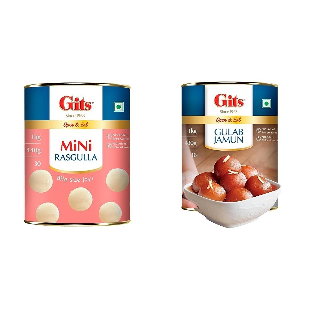 51HTRp1sOnL-1.jpg Gits Open & Eat Mini Rasgulla, 30 Pieces Per Can, Authentic Bengali Sweet, 1Kg & Gits Gulab Jamun, 1kg - Fast Shipping to USA & Canada - Image 1