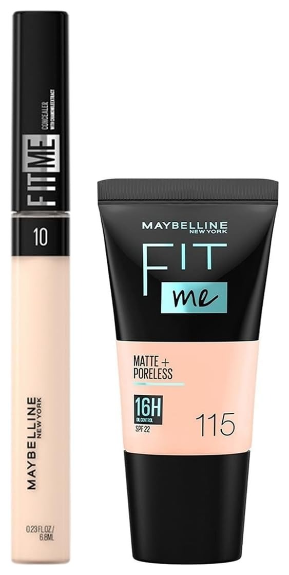 Maybelline New York Fit Me Concealer,10 Light, 6.8ml and Maybelline New York Fit Me Matte+Poreless Liquid Foundation Tube, 115 Ivory, 18ml - Fast Shipping to USA & Canada