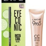 LAKME Eyeconic Insta Cool Kajal, Black, Cooling Kohl Liner with Cucumber, Twist Up Pencil, 0.35 g & Lakme 9 to 5 CC Cream Mini, 01 - Beige, Light Face Makeup with Natural Coverage, SPF 30, 9 g - Fast Shipping to USA & Canada