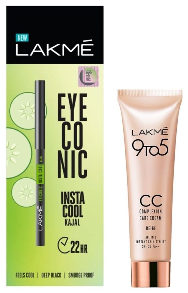 LAKME Eyeconic Insta Cool Kajal, Black, Cooling Kohl Liner with Cucumber, Twist Up Pencil, 0.35 g & Lakme 9 to 5 CC Cream Mini, 01 - Beige, Light Face Makeup with Natural Coverage, SPF 30, 9 g - Fast Shipping to USA & Canada