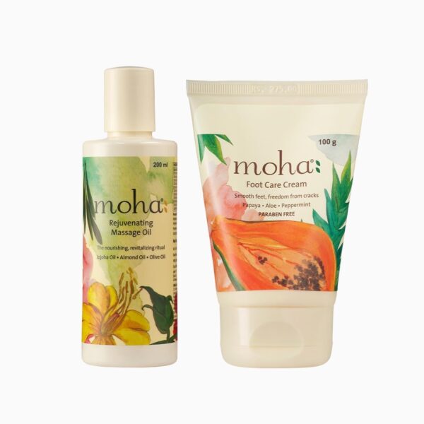 Moha: Rejuvenating Massage Oil 200ml And Foot Cream 100gm Combo | D-stresses and Tones the Skin with Jojoba Oil, Almond Oil and Olive Oil, Foot Cream For Rough, Dry and Cracked Heel Combo Pack - Fast Shipping to USA & Canada