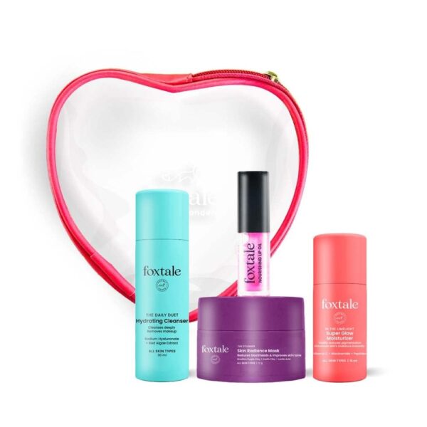Foxtale Valentine's Glow on Heartbeat Combo with Lactic Acid, Hyaluronic Acid, & Vitamin C | Hydrating Cleanser, Tan-Removing Face Mask, Nourishing Lip Oil & Free Heart-Shaped Pouch | Travel-Friendly Skincare Gift Set for Radiant | Glowing Skin | Gift For Her | Unmatched Glow - Fast Shipping to USA & Canada