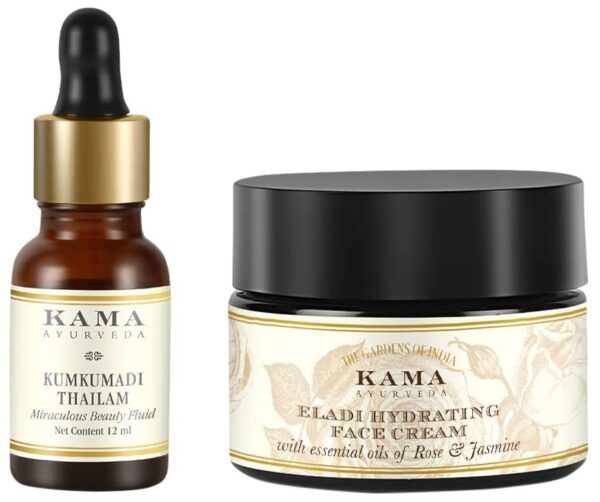 Kama Ayurveda Kumkumadi Miraculous Beauty Ayurvedic Night Serum, 12ml & Kama Ayurveda Eladi Hydrating Ayurvedic Face Cream with Pure Essential Oils of Rose and Jasmine, 25g - Fast Shipping to USA & Canada