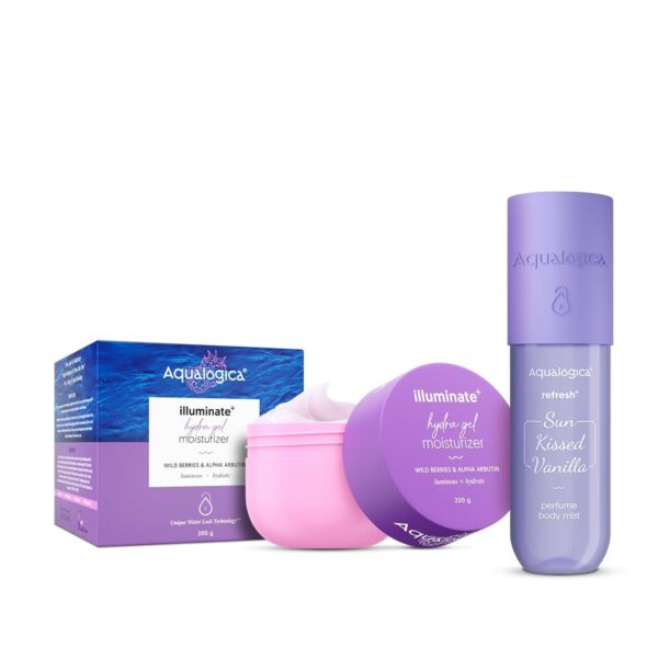 Aqualogica VANILLA MIST & ILLUMINATE MOISTURIZER DUO|Refresh+ Sun Kissed Vanilla Perfume Body Mist (150 ml) + Illuminate + Hydra Gel Moisturizer|Dessert-Inspired Body Mist|24-Hour Hydration |Adds Glow - Fast Shipping to USA & Canada