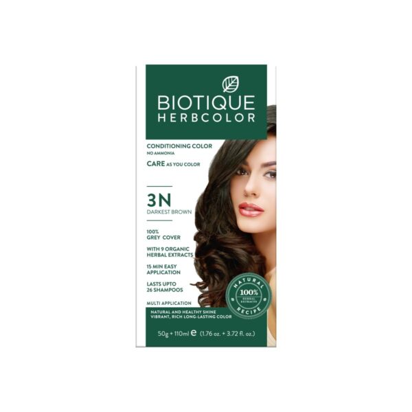 Biotique Herbcolor Conditioning Hair Colour l Ammonia Free Hair Color l 9 Organic Herbal Extracts l Natural and Healthy Shine l 50g + 110ml| Darkest Brown 3N (Pack of 1) - Fast Shipping to USA & Canada