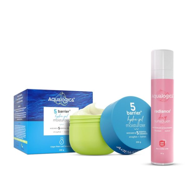 Aqualogica Radiance + Dewy Sunscreen 50 g + 5 Barrier + Hydra Gel Moisturizer with Avocado & 5 Essential Ceramides - 200 g |SPF 50+ PA+++ for UVA/B & Blue Light Protection | 24-Hour Intense Hydration - Fast Shipping to USA & Canada
