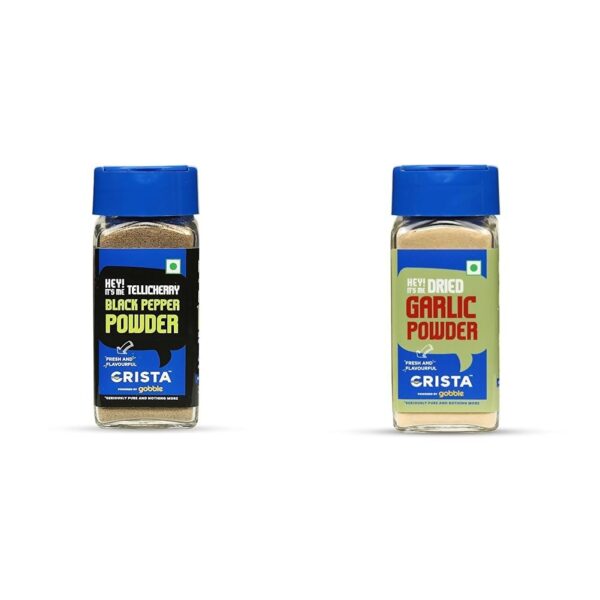CRISTA Essential Ground Spices Combo - 4 | Black Pepper Powder X 1, 50 gms & Garlic Powder X 1, 45 gms | No Added Colours, Fillers & Preservatives | Pack of 2