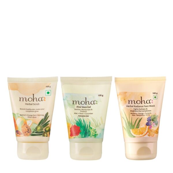 MOHA Self Care Kit - Herbal Scrub | Herbal Radiance Face Mask | Aloe Vera Gel, Glowing Skin For Men & Women | With Natural Ingredients And Suitable for all Skin Type (Pack Of 3) - Fast Shipping to USA & Canada