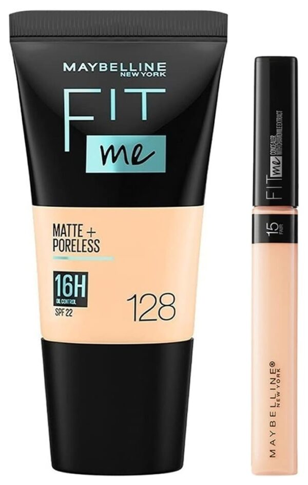 Maybelline New York Fit Me Concealer,15 Fair, 6.8Ml And New York Fit Me Matte+Poreless Liquid Foundation Medium Coverage For Oily Skin Tube, 128 Warm Nude, 18Ml, Pack Of 1 - Fast Shipping to USA & Canada
