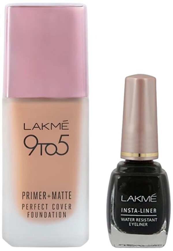 LAKME 9To5 Primer + Matte Perfect Cover Liquid Foundation for combination Skin,Buildable, W240 Warm Beige, 25 Ml And Lakme Insta Eye Liner, Black, 9Ml - Fast Shipping to USA & Canada