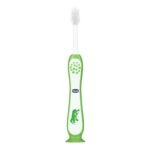 Chicco Toothbrush for Kids (3y-8y) with Suction Cup | Extra Soft Tapered Bristles for Milk and Permanent Teeth | With Tongue Scraper and BPA Free Material (Green) - Fast Shipping to USA & Canada