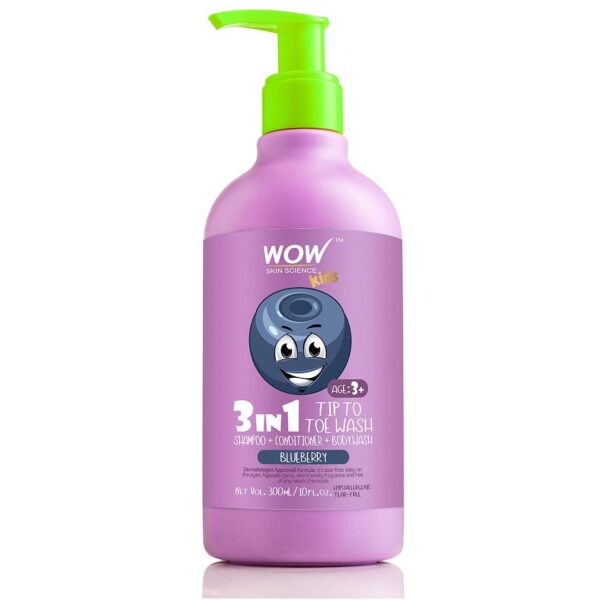WOW Skin Science Kids Tip To Toe Wash - Shampoo - Conditioner - Body Wash - No Parabens, Sulphate, Silicones, Mineral Oil Or Color - Blueberry, 300 ml - Fast Shipping to USA & Canada