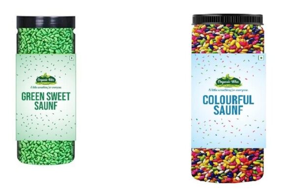 Organic Bites Combo of Sugar CoatedFennel Seeds Colourful saunf and Green Saunf 200 gm each Total 400 gm (Jar Pack) - Fast Shipping to USA & Canada