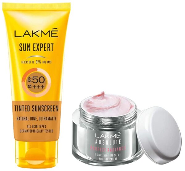 LAKME Sun Expert Tinted Sunscreen For Dry Skin Type 50 Spf, 100 G & Absolute Perfect Radiance Brightening Day Cr?me (Cream) With Niacinamide & Micro Crystals 50G Pack of 2 - Fast Shipping to USA & Canada