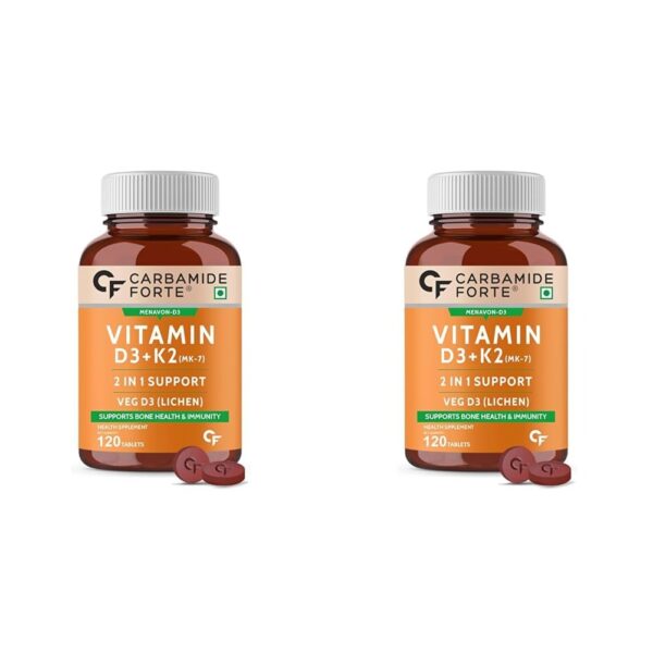 Carbamide Forte Vitamin D3 K2 MK7 | Plant Based Veg Vitamin D Supplement Lichen Source with Vitamin K2 MK7 Menaquinone for Men & Women - 120 Veg Tablets (Pack of 2) - Fast Shipping to USA