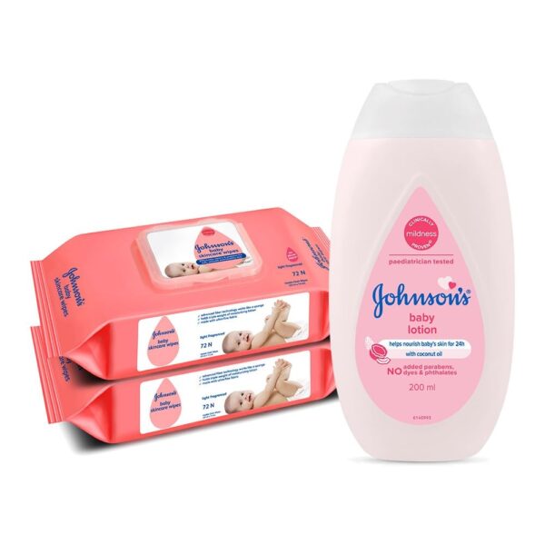 Johnson's Baby Skincare Wipes With Lid, 72s Twin Pack & Johnson's Baby Lotion 200ml