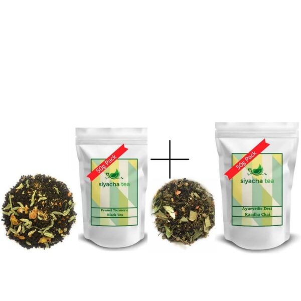 Siyacha Tea Wellness Trial Combo Pack 100g - Fennel Turmeric Black Tea 50g, Desi Kadha Chai 50g I Herbal Ayurvedic Natural Tea - Fast Shipping to USA & Canada