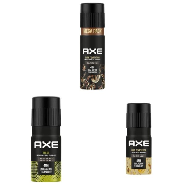 AXE Dark Temptation Long Lasting Deodorant Bodyspray For Men, 215ml & Pulse Long Lasting Deodorant Body Spray For Men, 150ml & Gold Temptation Long Lasting Deodorant Body Spray For Men, 150ml - Fast Shipping to USA & Canada
