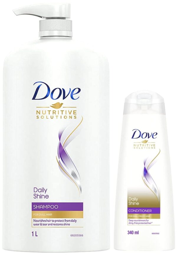 Dove Daily Shine Shampoo 1 L, For Damaged or Frizzy Hair, Makes Hair Soft, Shiny And Smooth & Dove Daily Shine Conditioner, 340 ml - Fast Shipping to USA & Canada