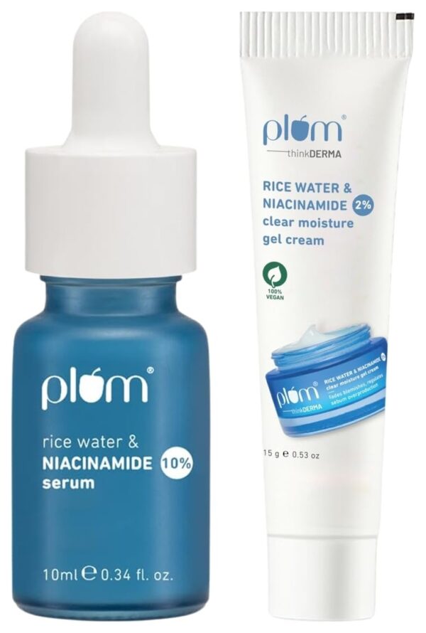 Plum 10% Niacinamide Face Serum with Rice Water & Squalane (10 ml) & Plum 2% Niacinamide & Rice Water Clear Moisture Gel Cream (15 g) - Fast Shipping to USA & Canada