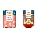 Gits Open & Eat Mini Rasgulla, 30 Pieces Per Can, Authentic Bengali Sweet, 1Kg & Gits Open & Eat Rasgulla Tin, 16 Pieces per Can, Mouth-Watering Indian Mithai, 1Kg - Fast Shipping to USA & Canada